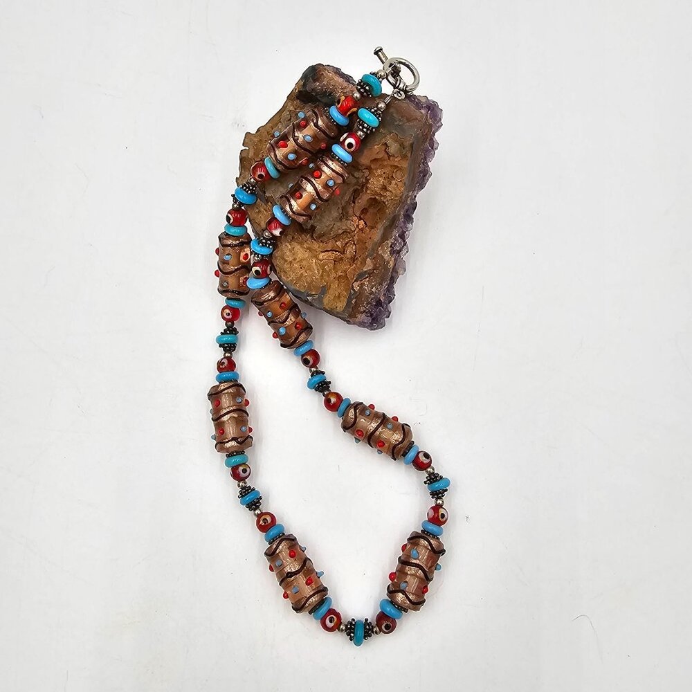 Vintage Boho Foil Glass Beaded 16" Necklace Blue & Red Accents - Picture 8 of 9